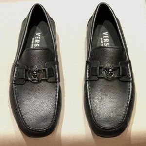 NEW Authentic Versace Greca Medusa Black Pebbled Leather Loafers